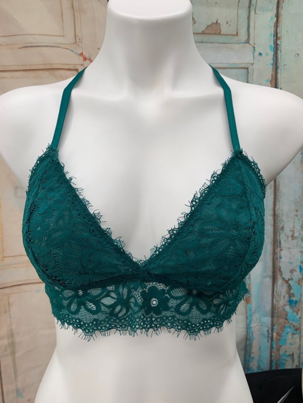 Aerie Lace Halter Bralette In Teal Size L Floral Design Racerback Style